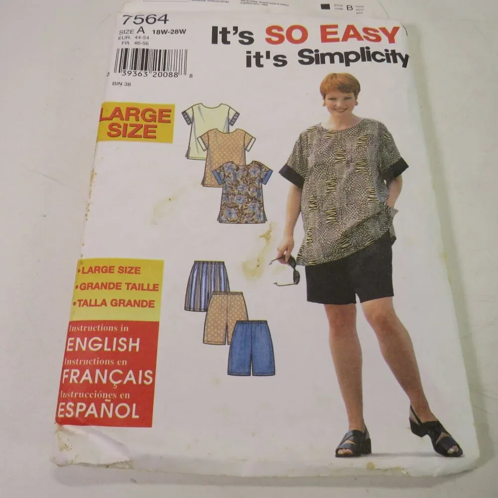 Simplicity 7564 Sewing Pattern EASY shirt & shorts size 18W-24W